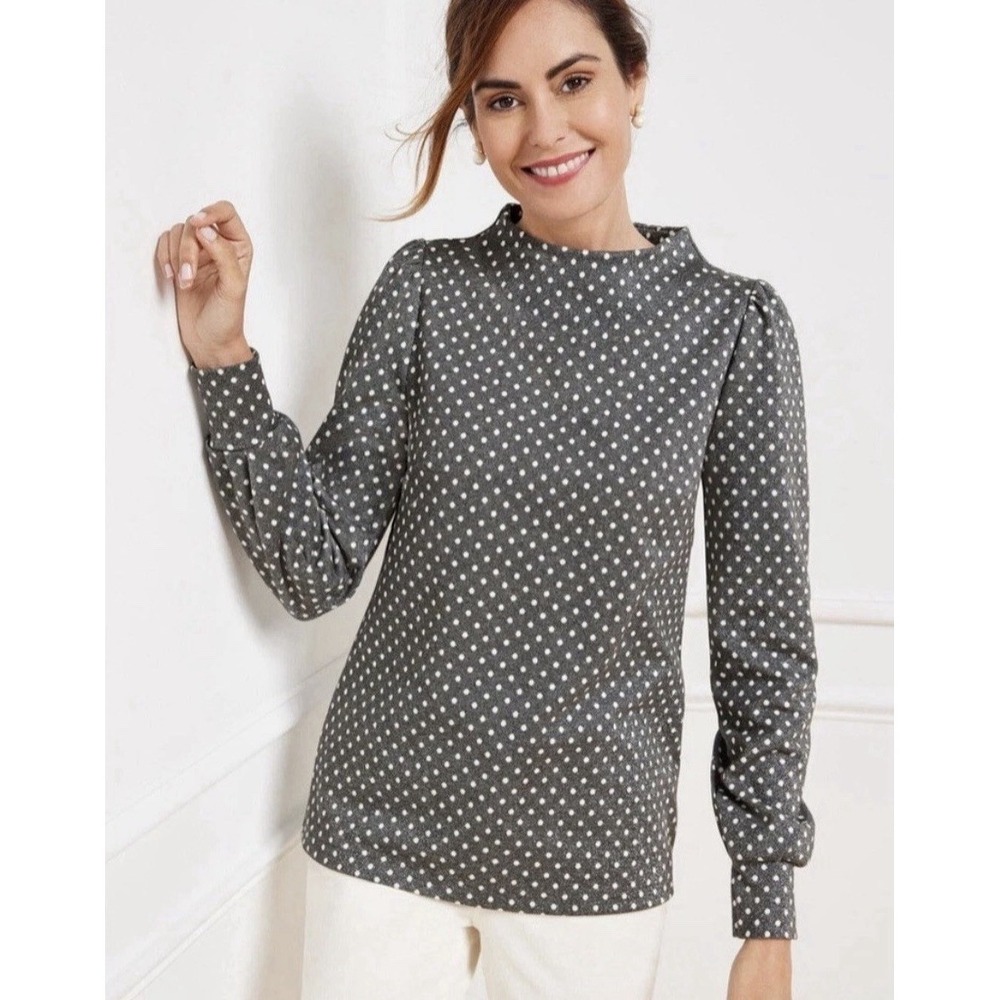 Talbots Women's Funnel Neck Top Gray Metallic Dot Jacquard Size‎ M $89.50